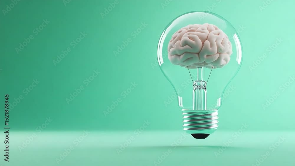 Poster Illuminating Idea: A lifelike brain encased within a glowing light bulb, symbolizing the spark of innovation and the power of thought. The brain, illuminated by the concept of creativity.