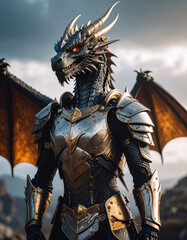 A powerful dragon warrior clad in intricately designed medieval armor stands tall against a dramatic sky, exuding strength, dominance, and mythical presence in a fantasy realm.