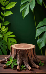 Obraz premium Wooden stump with green leaves in natural setting on wooden surface 