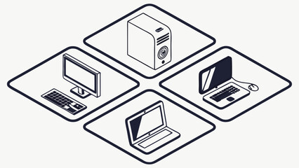Isometric Illustration of Computer Devices Desktop, Laptop, and Tower PC