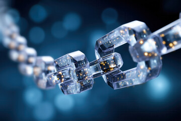 Visualize blockchain concept with a chain of floating transparent blocks showcasing digital data. Dark blue tech background creates depth and space for copy