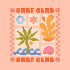 Summer illustration with sea ocean waves,palm,coral,star,seashell.Groovy boho beach,surf club aesthetic.Summer vacation background in simple style.Graphic print for t shirts,covers,branding
