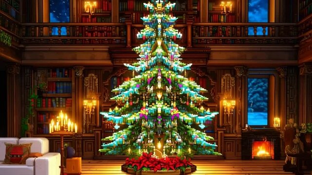 Stylised pixel Christmas tree glows inside cozy room with classic fireplace, blending retro digital art and festive holiday atmosphere