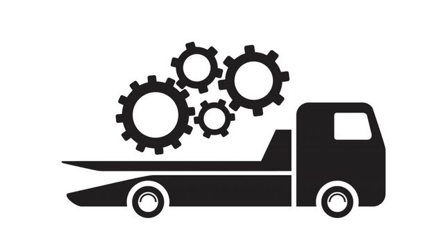 Tow truck animation with rotating gears and wheels, minimal line style, mechanical service loop, 2D motion graphic on white background