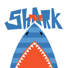 Shark with open mouth. Flat vector illustration. Cartoon kid shark print for tee