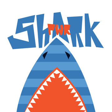 Shark with open mouth. Flat vector illustration. Cartoon kid shark print for tee