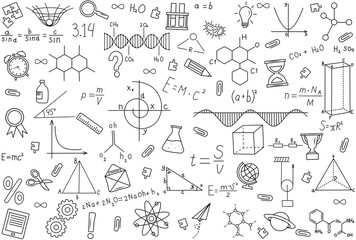 Scientific formulas and school supplies, drawn on transparent background PNG, physics, chemistry, geometry, biology. Back to school. Scientific abstract background. Painted scientific equipment.