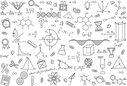 Scientific formulas and school supplies, drawn on transparent background PNG, physics, chemistry, geometry, biology. Back to school. Scientific abstract background. Painted scientific equipment.