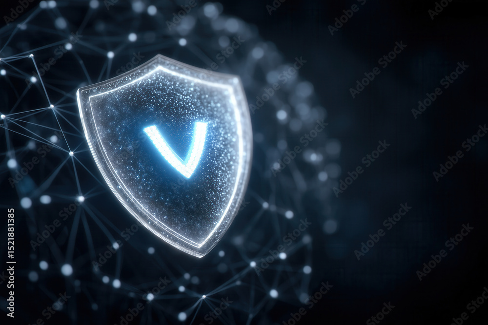 Poster glowing shield symbol appears integrated into a network of connected dots and lines. dark background