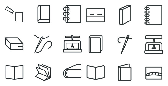 Minimalist bookbinding and sewing tools icons set for design projects