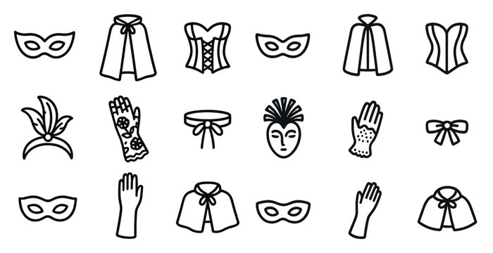 Carnival costume accessories icons for festive design and decoration