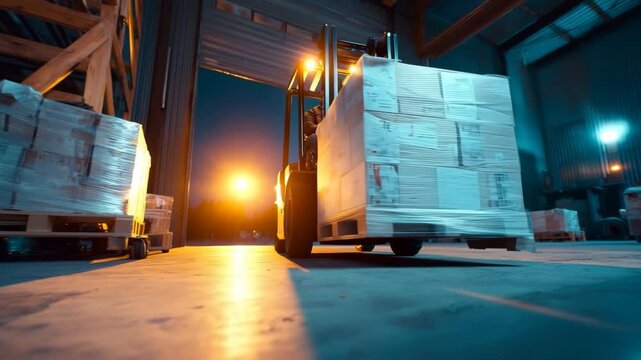 Forklift loads shrink-wrapped pallet of boxes into warehouse, illustrating agile logistics and smooth supplychain storage operations