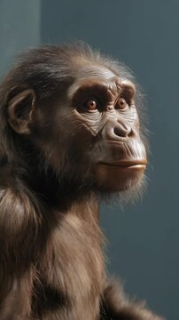 Australopithecus portrait exhibiting human-like features, brown skin, sparse hair and thoughtful expression, on a plain dark background.