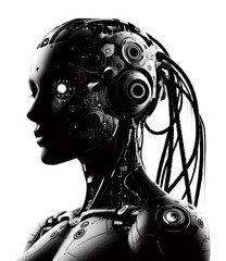 A black and white silhouette of a cyborg woman on a white isolated background. Vector graphics. EPS.
