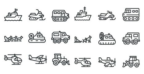 Collection of transportation icons featuring land, sea, and air vehicles for design projects