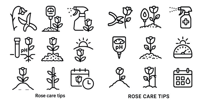 Rose care tips icon set for gardening guides and plant maintenance