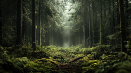Fototapeta premium Misty Forest Path: An atmospheric image of a path winding through a dense, misty forest, with sunlight filtering through the trees. The scene evokes a sense of mystery and tranquility.