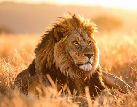 Lion resting in golden savanna grass