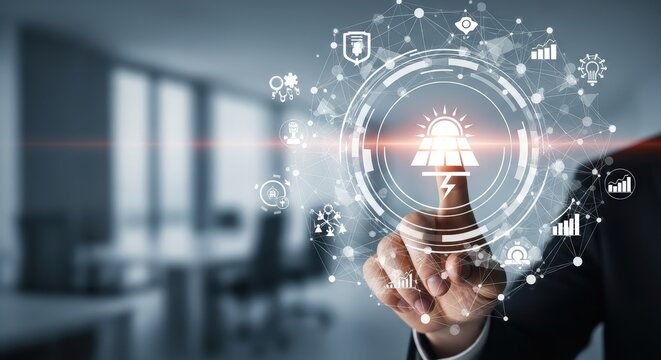 Solar energy technology innovation concept man touching digital interface alternative power solutions