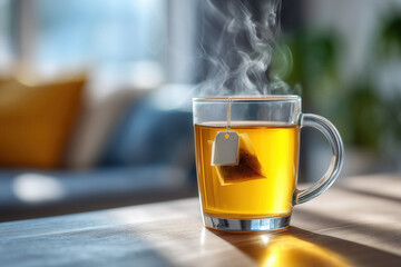 Hot herbal tea in clear mug with steam rising in cozy living room setting. Morning light streams in creating warm ambiance. Concept of beverage, relaxation, wellness