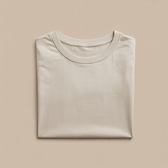 A studio flat lay photograph showcases a neatly folded plain white cotton T-shirt on a textured neutral beige background, styled as an apparel mockup. The T-shirt is precisely folded into a classic re