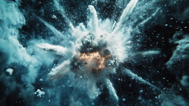 Particle explosion effect of destroyed virus cell, microbiology, breakthrough cure concept imagery