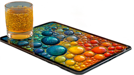 Glass of Bubbles on Tablet Displaying Colorful Spheres