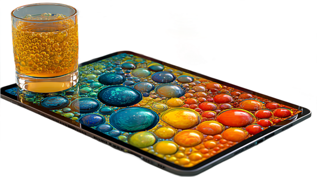 Glass of Bubbles on Tablet Displaying Colorful Spheres