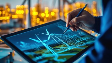 Wind Energy blueprint: A close-up shot captures an engineer's hand sketching the design of wind turbines on a tablet.