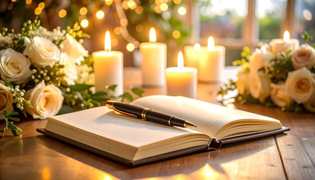 Wedding Guestbook with Pen on Table Wedding Background