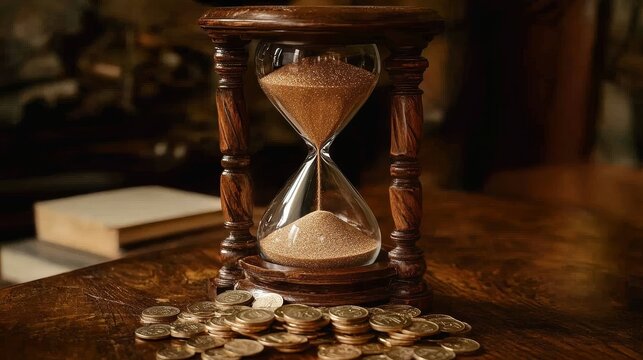 The image of a modern sand hourglass sitting atop a stack of coins serves as a symbol for the progression of time and financial growth, highlighting the virtues of patience, saving, and the