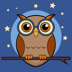 Fototapeta premium Adorable Cartoon Owl with Glasses at Night