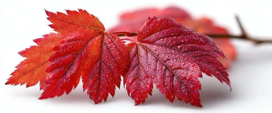 Vibrant red leaves with water droplets.
