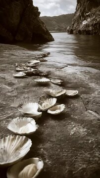 Arrangement of open clam shells containing stones on rocky shore leading to calm water with mountain range in the background.