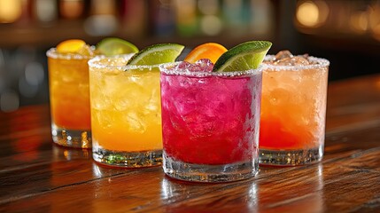 Different flavored margaritas served in classic glasses on a wooden table at a lively sports bar setting 