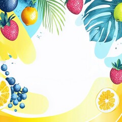 Tropical summer fruit and leaves frame with copy space on white background.