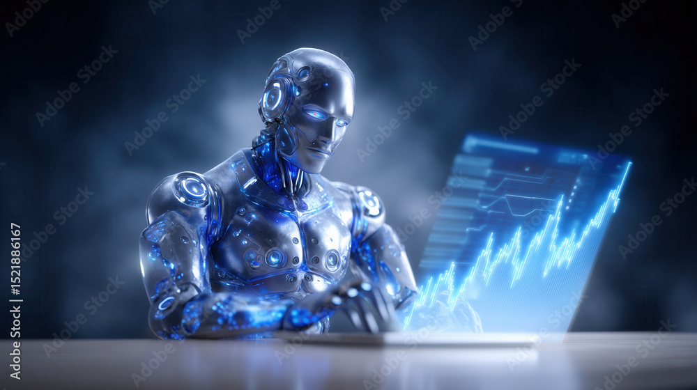 Poster ai robot worker interacts with multiple transparent holographic screens displaying dynamic data. coo