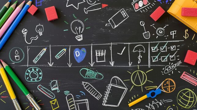 Creative school timetable drawn with colorful chalk on a classroom blackboard, with playful subject icons, chalk and eraser nearby