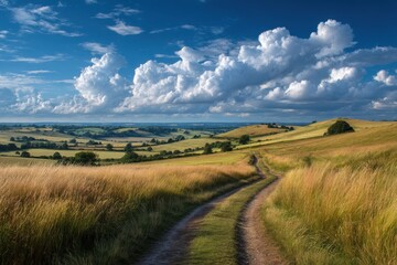 Fototapeta premium Serene rural landscape under a cloudy sky.