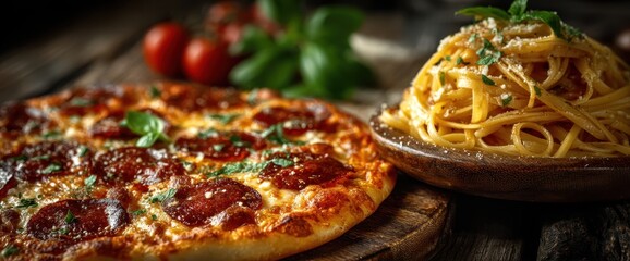 Delicious pizza and pasta in rustic setting.