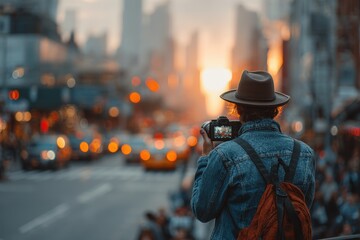 Person captures vibrant city sunset scene.