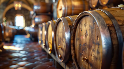 Wooden wine barrels sit in a rustic wine cellar with warm lighting and aged textures. A cozy and traditional view of winemaking and vintage storage.