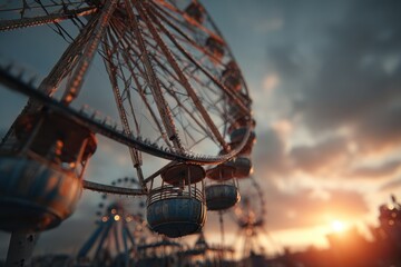 Ferris wheel silhouette against a vibrant sunset sky.