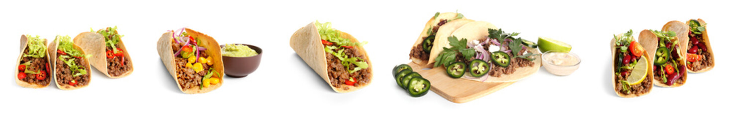 Set of many tacos on white background