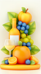 Lively illustration of a yellow bottle and wine glass with citrus, grape, apple and leaf accents that captures the essence of freshness and celebration.