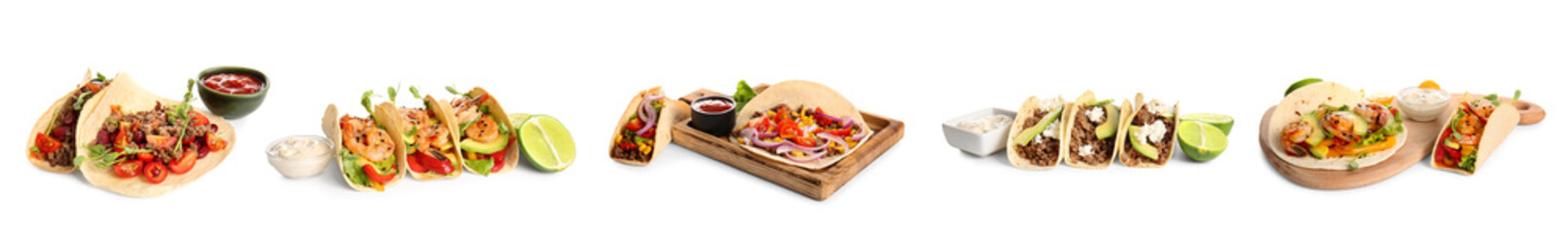 Set of many tacos on white background