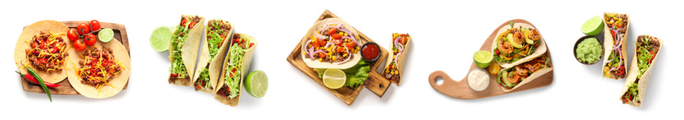 Set of many tacos on white background, top view