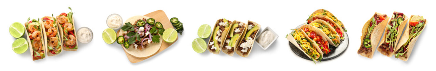Set of many tacos on white background