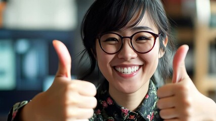 Smiling Asian woman giving thumbs up in office
