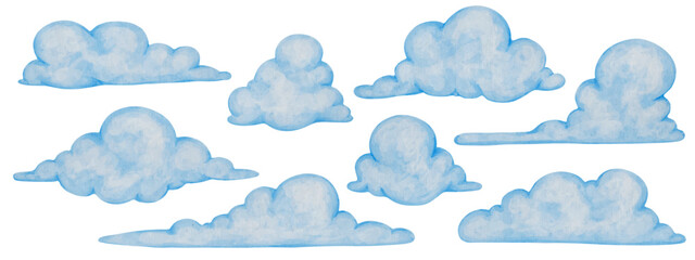 Set of colorful, airy blue clouds. Vector graphics.